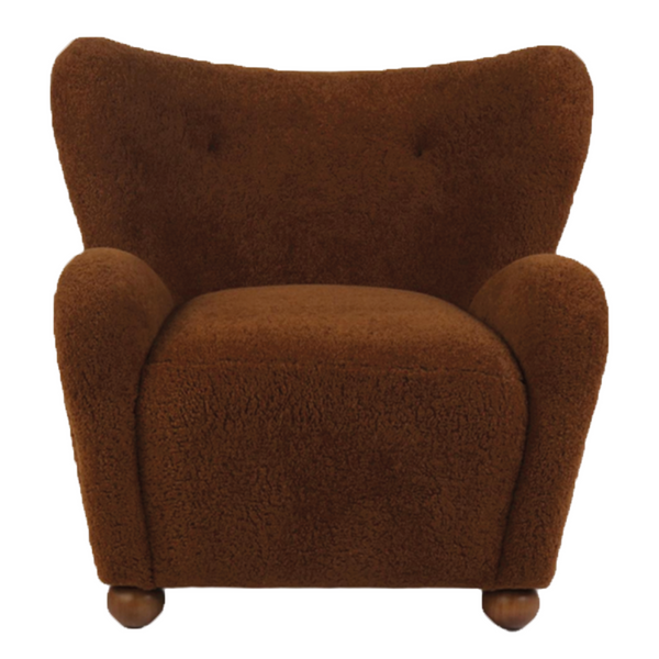 Leonard brown faux fur armchair with rounded arms and rubberwood legs - Sohowells