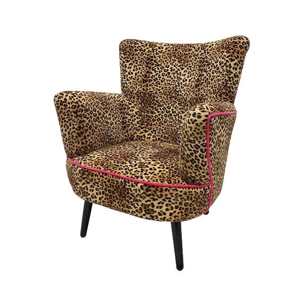 Jungle Love leopard print velvet armchair with magenta piping and black legs - Sohowells