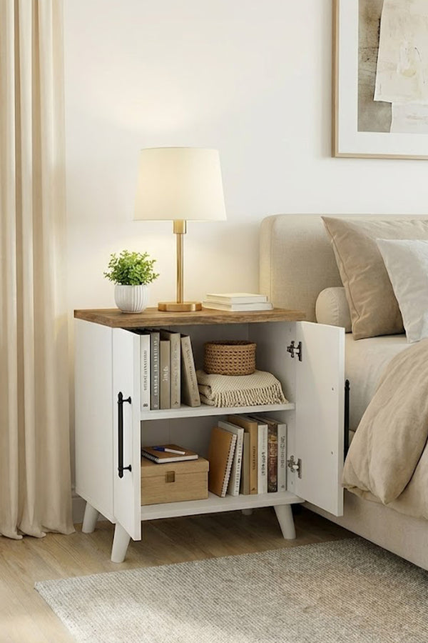 Close-up of the white and pine effect finish on the Lumen bedside table