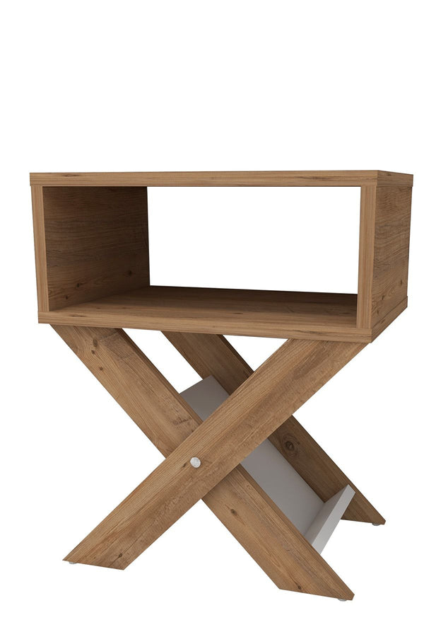 Light pine X-leg bedside table shown in a room setting - Sohowells