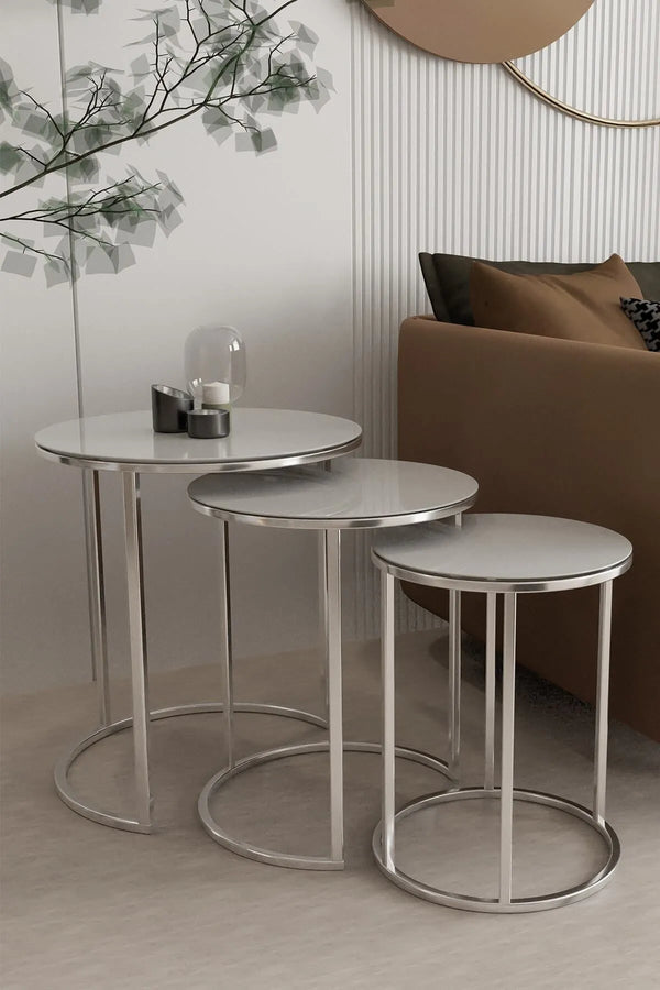 Newton Round Nest Of Tables Set - 3 Pieces Nesting Table Tempered Glass Top