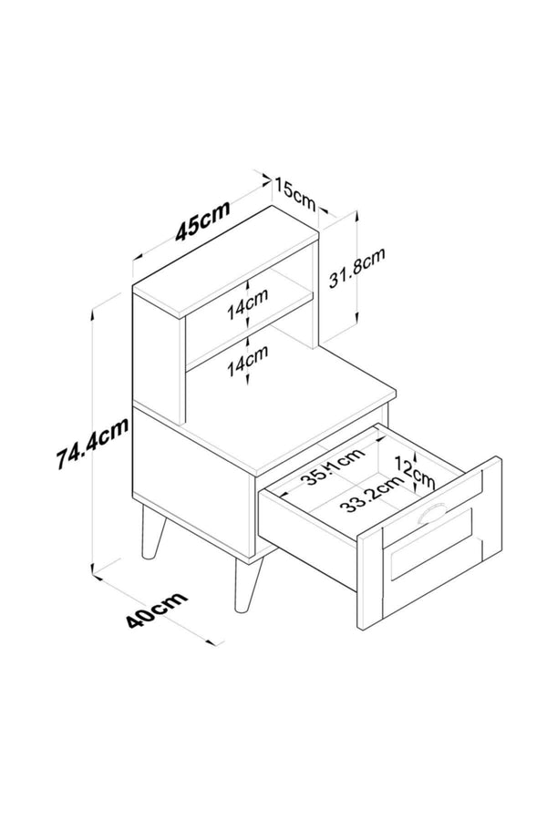 Angled view of the white tall bedside table showing drawer and shelves - Sohowells