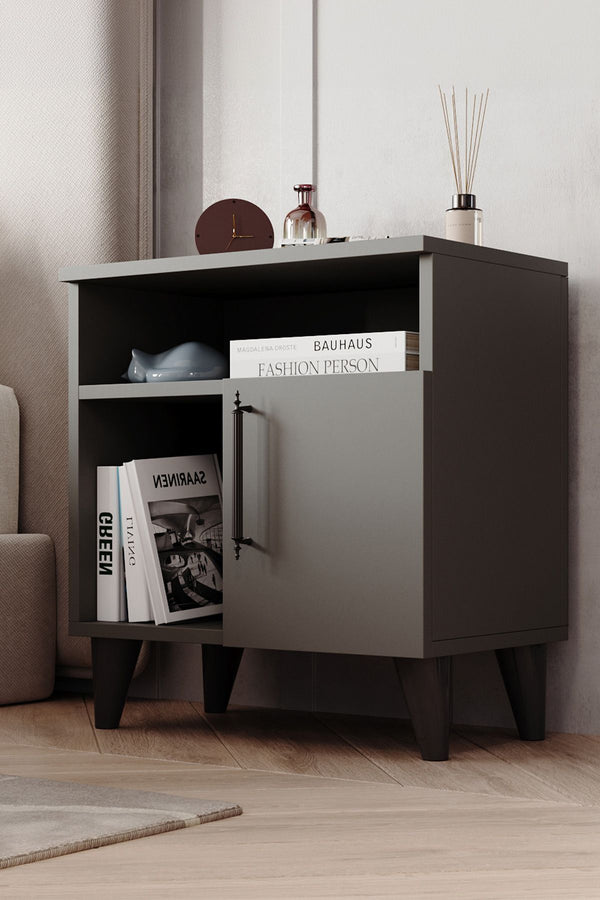 Anthracite bedside cabinet styled with a lamp and books on the open shelves - Sohowells