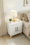 Side profile showing the 32cm depth of the white Lumen bedside cabinet