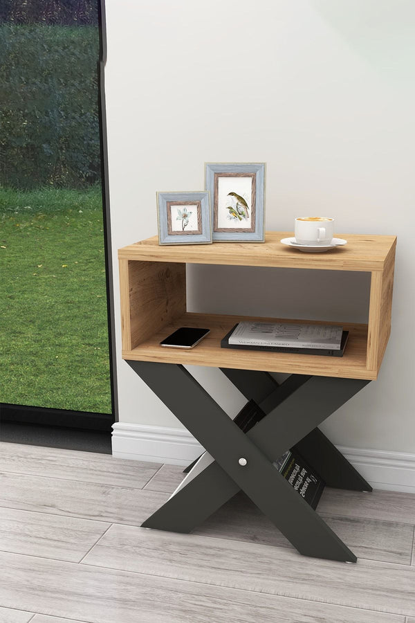 Close up detail of pine effect and anthracite contrast finish on bedside table - Sohowells
