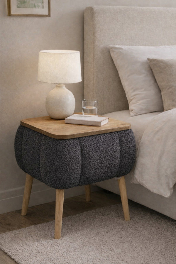 Grey teddy fabric upholstered Lina storage bedside table with wooden legs - Sohowells