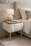 White teddy fabric upholstered Lina storage bedside table with wooden legs - Sohowells