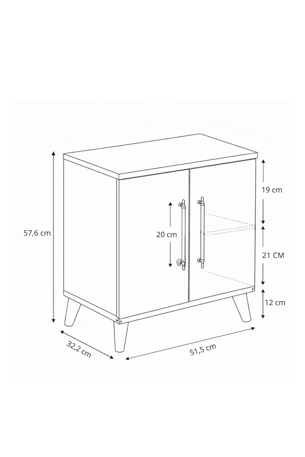 Lumen two-tone bedside table with cupboard doors open showing the fixed shelf