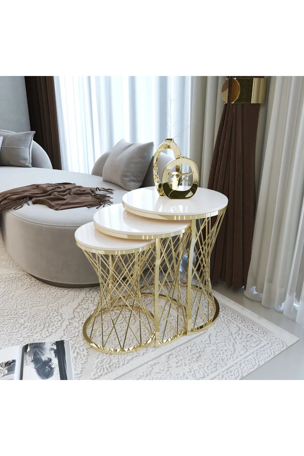 Harlow Round Nest Of Tables Set - 3 Pieces Nesting Table Tempered Glass Top