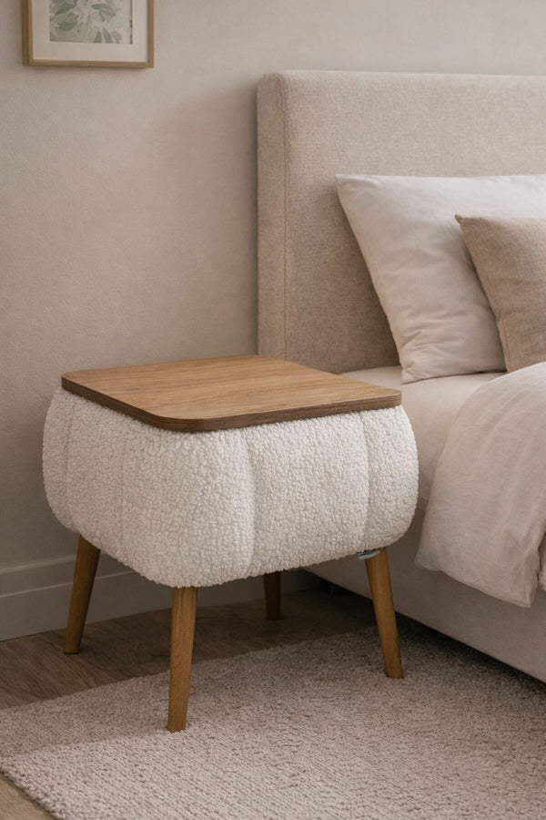 White Lina bedside table with the lift-up top open showing storage inside - Sohowells