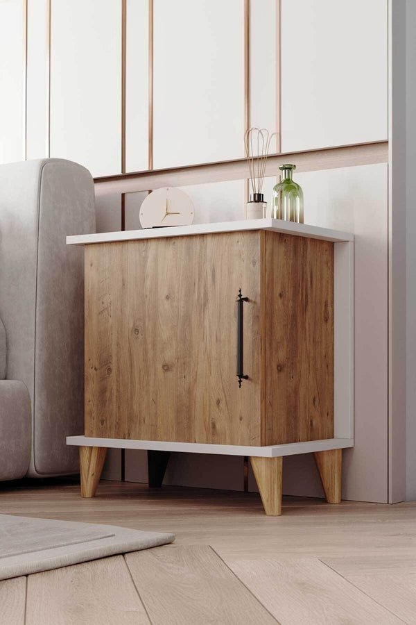 Adela bedside cabinet styled with books and accessories on the open shelves - Sohowells
