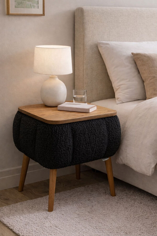 Black teddy fabric upholstered Lina storage bedside table with wooden legs - Sohowells