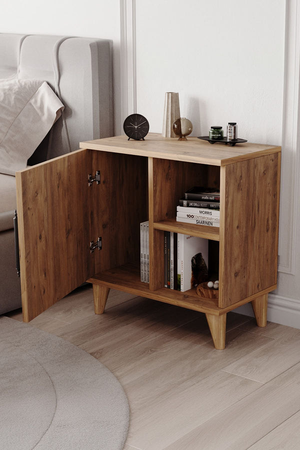 Close up detail of metal handle and light pine finish on bedside cabinet - Sohowells