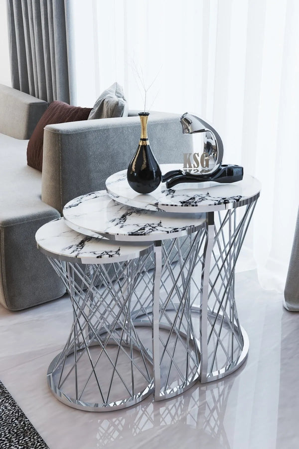 Brooklyn Round Nest Of Tables Set - 3 Pieces Nesting Table Tempered Glass Top