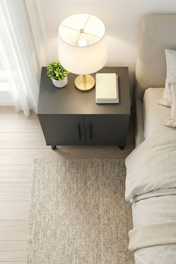 Side profile showing the 32cm depth of the anthracite Lumen bedside cabinet
