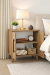 Close-up of the pine effect grain and door edge on the Lumen bedside table