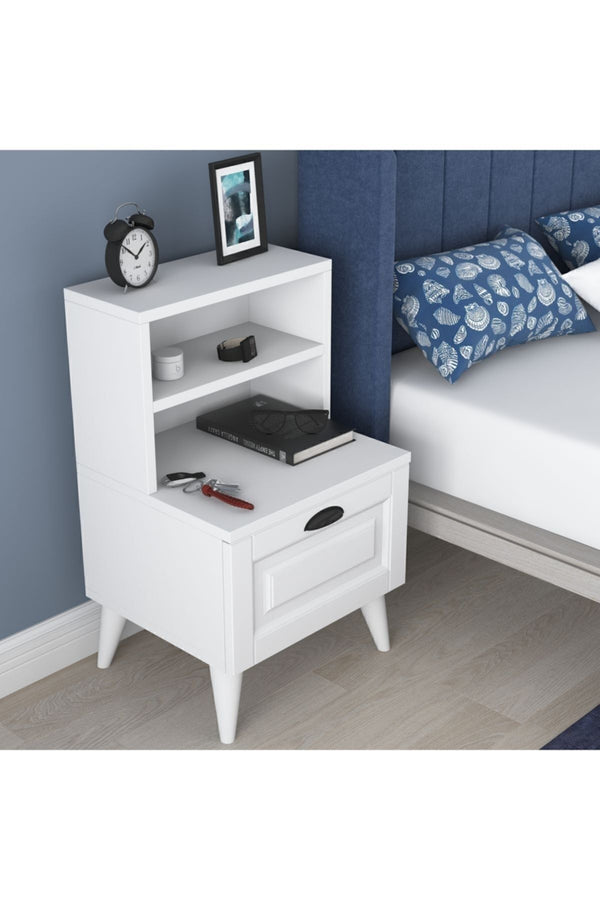 Side profile of the 75 cm tall white bedside table - Sohowells