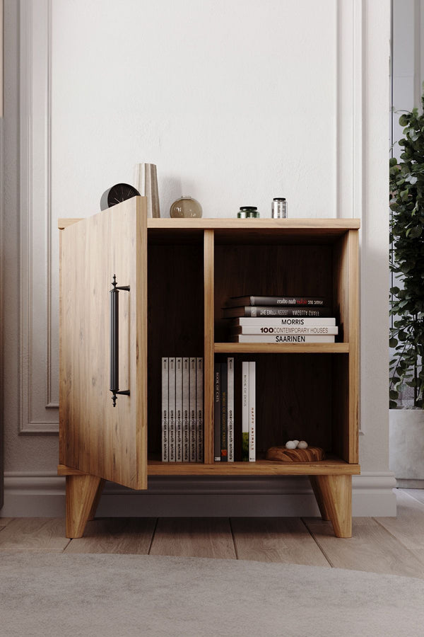 Side profile of light pine effect bedside cabinet showing 32cm depth - Sohowells