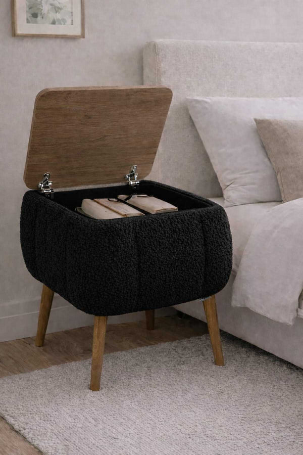 Close up of the black teddy fabric texture on the Lina bedside table - Sohowells