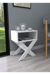 Matt white X-leg bedside table shown in a room setting - Sohowells