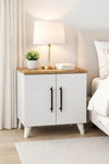 Lumen two door bedside table in two-tone white and Atlantic pine, front view