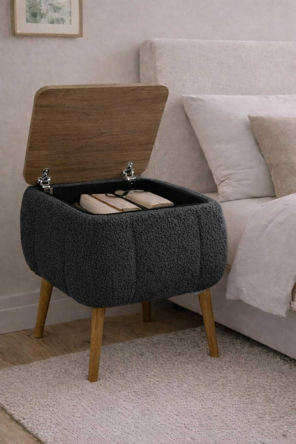 Close up of the grey teddy fabric texture on the Lina bedside table - Sohowells