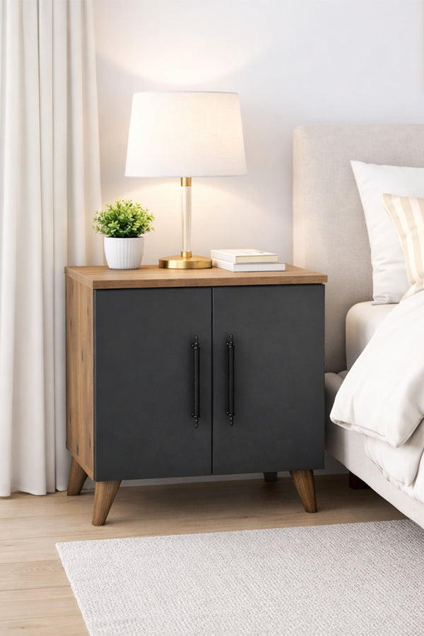 Lumen two door bedside table in anthracite and Atlantic pine, front view