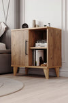 Light pine bedside cabinet styled with a lamp and books on the open shelves - Sohowells