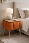 Orange teddy fabric upholstered Lina storage bedside table with wooden legs - Sohowells