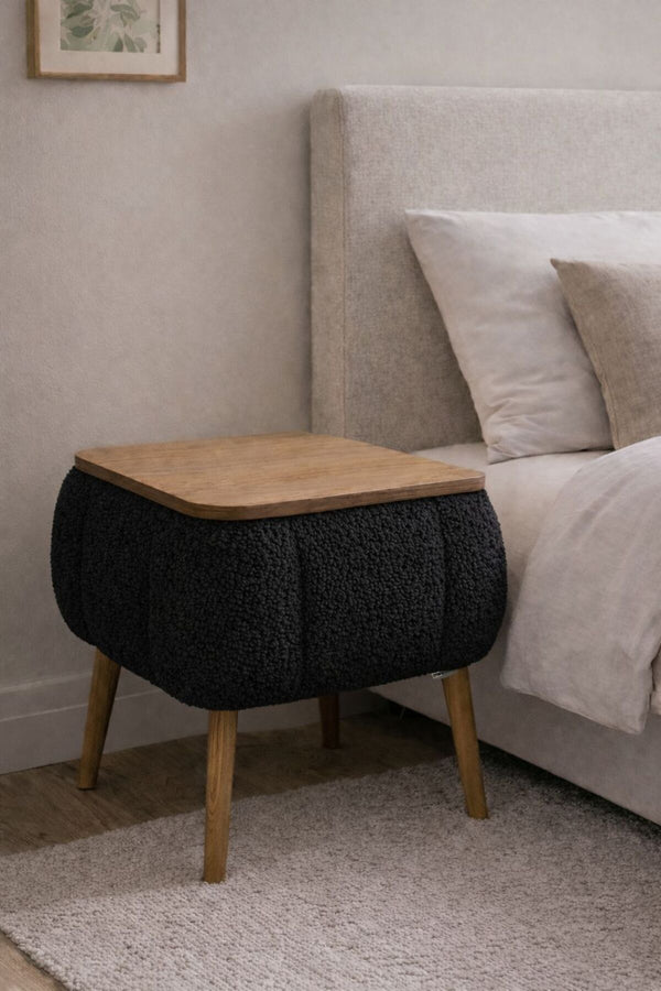 Black Lina bedside table with the lift-up top open showing storage inside - Sohowells