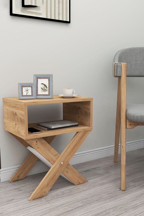 Angled view of light pine X-leg side table showing crossed leg frame - Sohowells