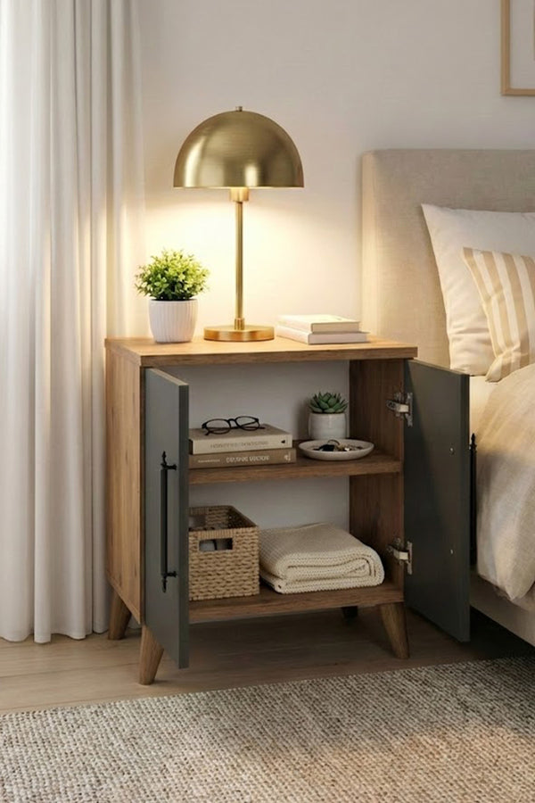 Close-up of the anthracite and pine effect contrast on the Lumen bedside table