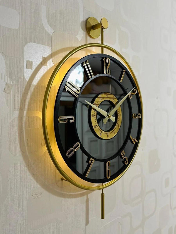 Decorative Wall Clock 40x60cm Metal Gold Frame Modern Large Design with BlackGlass & Led Lights For Living Room, Hallway, Kitchen, Office,Bedroom