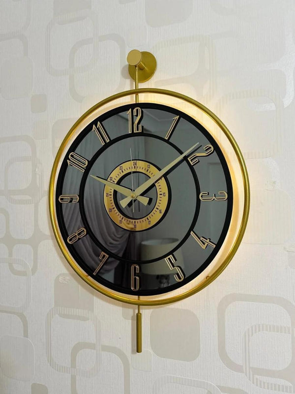 Decorative Wall Clock 40x60cm Metal Gold Frame Modern Large Design with BlackGlass & Led Lights For Living Room, Hallway, Kitchen, Office,Bedroom
