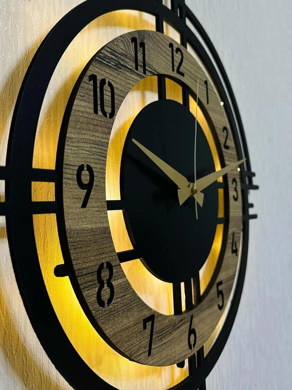 Decorative Wall Clock 48x48cm Metal Frame Modern Sonoma Design with MDF & Led Lights For Living Room, Hallway, Kitchen, Office,Bedroom