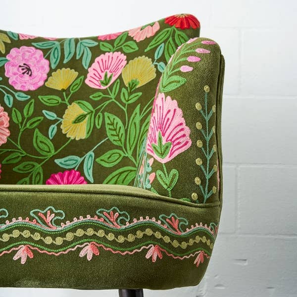 Embroidered olive green velvet armchair showing tall square back - Sohowells