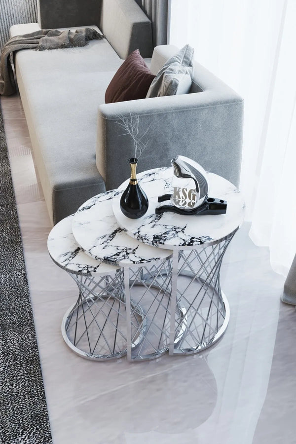 Brooklyn Round Nest Of Tables Set - 3 Pieces Nesting Table Tempered Glass Top