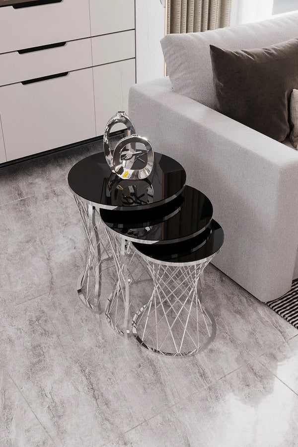 Manhattan Round Nest Of Tables Set - 3 Pieces Nesting Table Tempered Glass Top