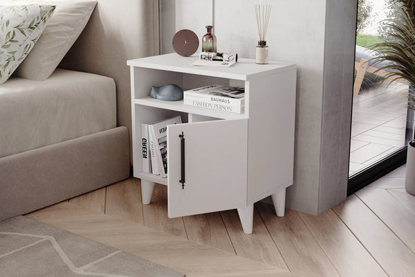 Angled view of Kommen white bedside cabinet showing raised legs - Sohowells