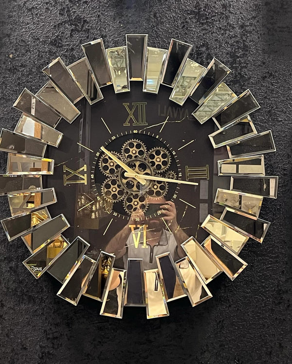 Piano Moving Gears Decorative Wall Clock Oversize Extra Large 32` Inch/80 cm Real Mirror & Glass Gold