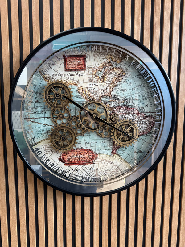 Exotic Map Moving Gears Decorative Wall Clock Oversize Extra Large 23 Inch/60 cm
