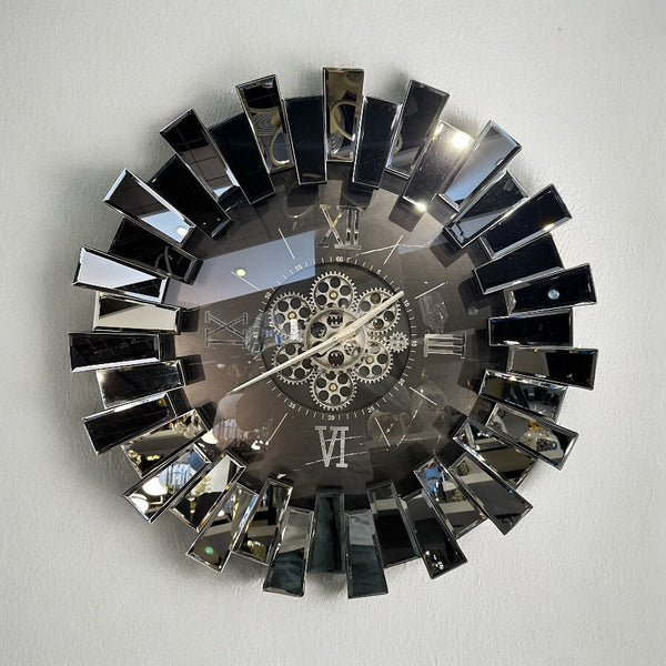 Piano Moving Gears Decorative Wall Clock Oversize Extra Large 32` Inch/80 cm Real Mirror & Glass Chrome