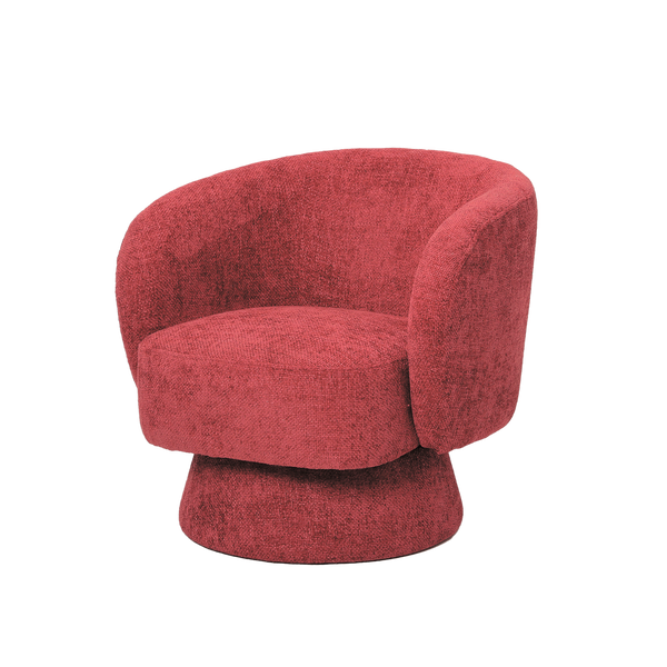 Red chenille curved swivel armchair shown from an alternative angle - Sohowells