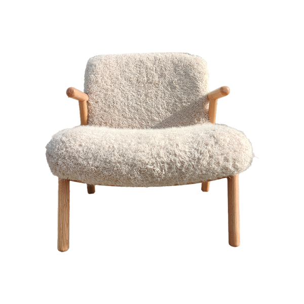 Denis beige compact armchair with wool effect upholstery and natural wood legs - Sohowells