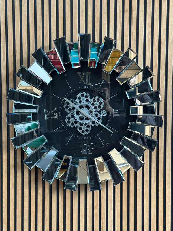 Piano Moving Gears Decorative Wall Clock Oversize Extra Large 32` Inch/80 cm Real Mirror & Glass Chrome