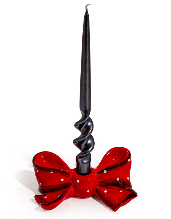 Ruby Red Spotted Ribbon Bow Ceramic Candle Holder (to be bought in qtys of 2)