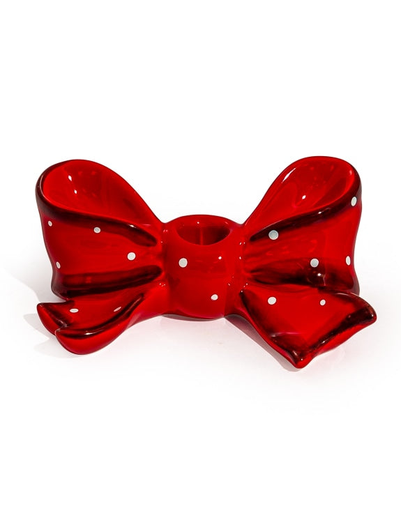Ruby Red Spotted Ribbon Bow Ceramic Candle Holder (to be bought in qtys of 2)
