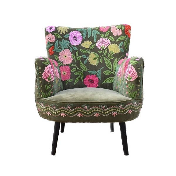 Emma hand-embroidered armchair in olive green velvet with multicoloured floral embroidery - Sohowells