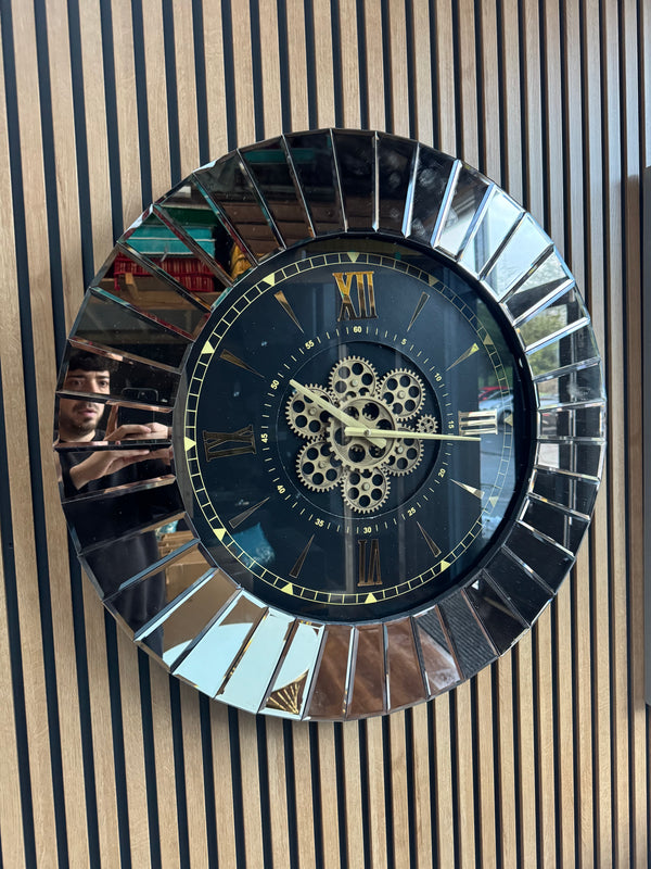 Daisy Moving Gears Decorative Wall Clock Oversize Extra Large 32` Inch/80 cm Real Mirror & Glass Chrome