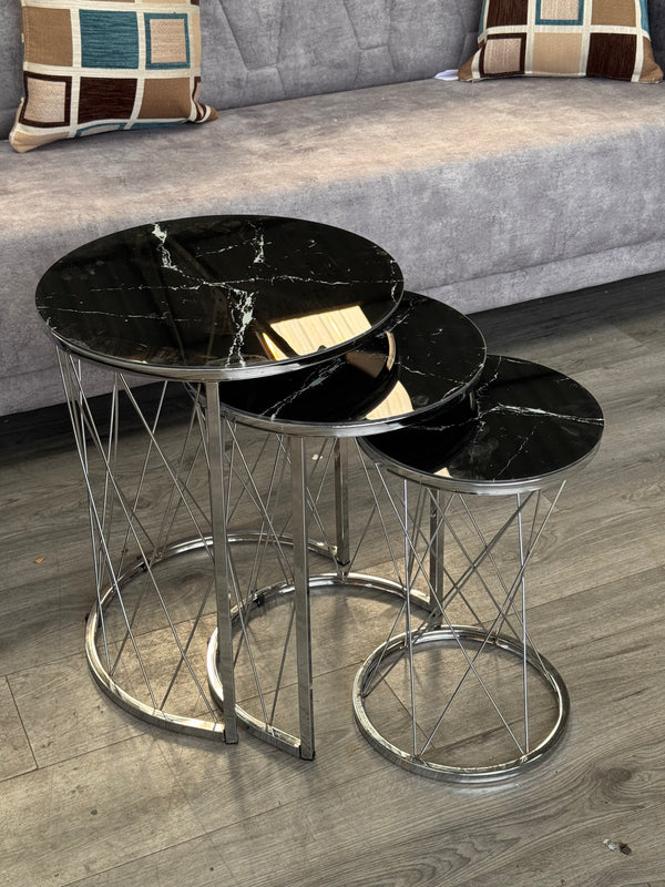 Paglia Round Nest Of Tables Set - 3 Pieces Nesting Table Tempered Glass Top